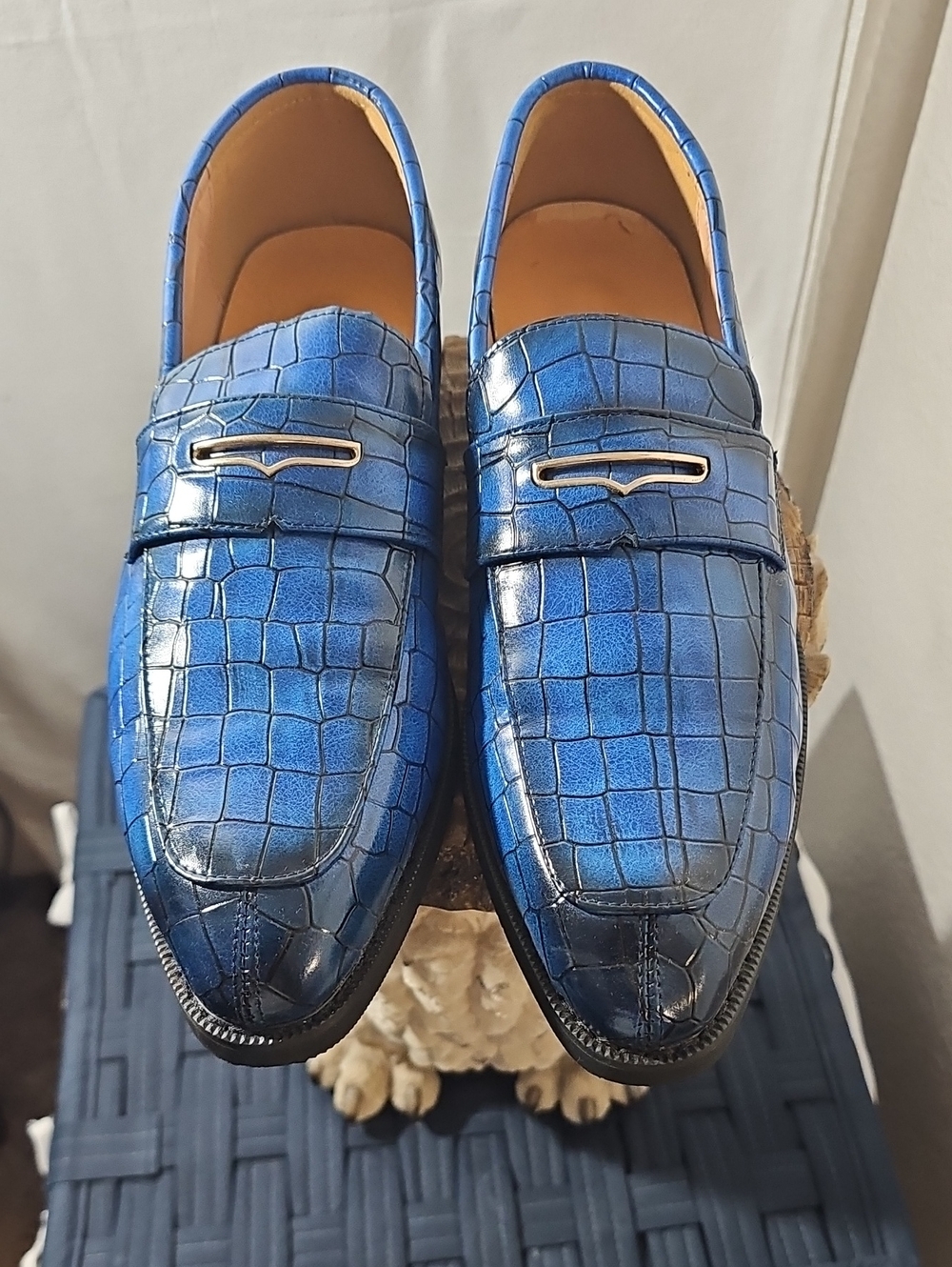 Mens Blue Croc-Embossed Leather Slip-On Loafers
